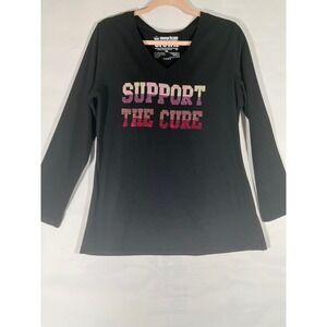 American Crown Women's Long Sleeve V Neck Support The Cure Sequin Tee Bllack XL